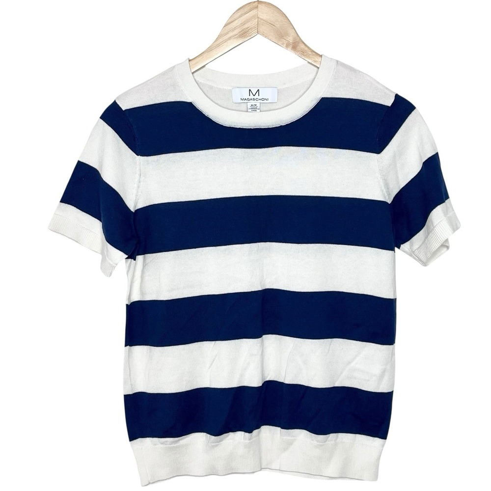 Magaschoni Striped Short Sleeve Sweater Navy White Womens M Nautical Preppy